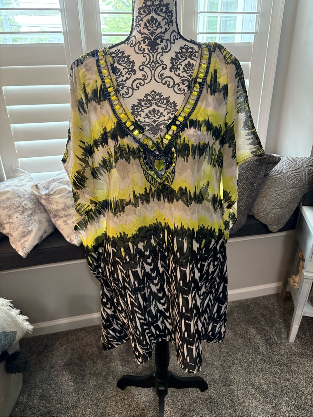 Beaded V-Neck Printed Tunic - Yellow, Black, White